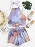 Romwe Halter Neck Water Color Crop Top With Shorts