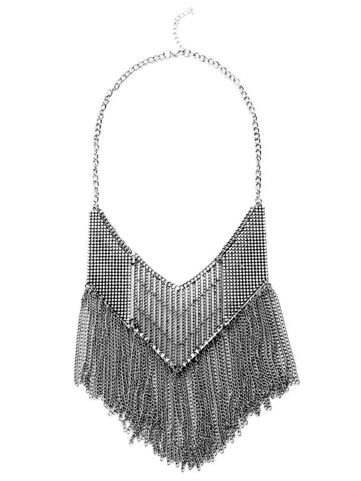 Romwe Antique Silver Chain Fringe Hollow Out Statement Necklace