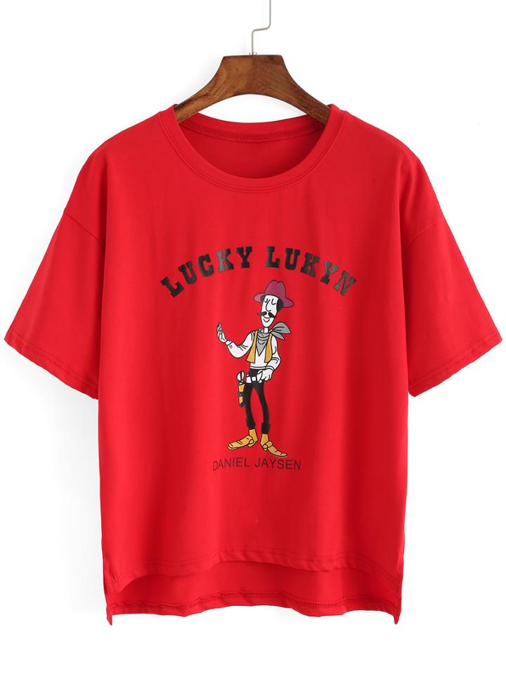 Romwe Dip Hem Split Cartoon Print Red T-shirt