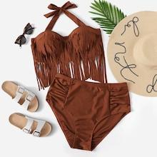 Romwe Plus Fringe Trim Halter Top With Ruched Bikini