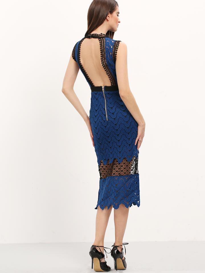 Romwe Sheer Lace Open Back Luxury Deluxe Scallop Fishtail Flapper Dress