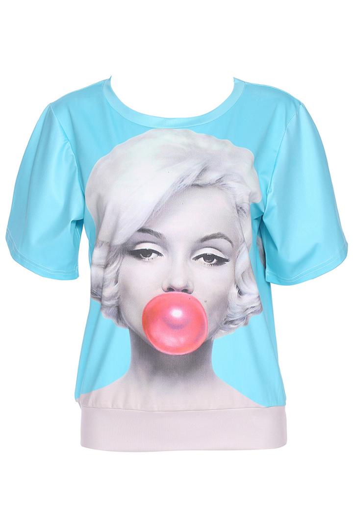 Romwe Romwe Woman Print Blue Short-sleeved T-shirt