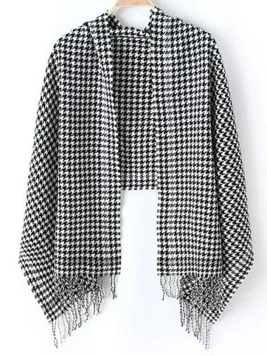 Romwe Houndstooth Fringe Color-block Scarf