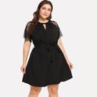 Romwe Plus Floral Lace Insert Belted Dress