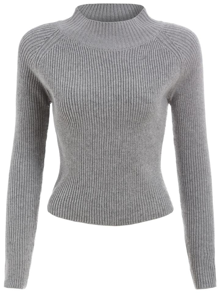 Romwe Women Mock Neck Crop Grey Sweater