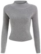 Romwe Women Mock Neck Crop Grey Sweater