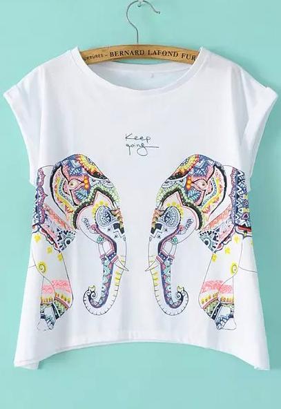 Romwe Elephant Print Loose T-shirt