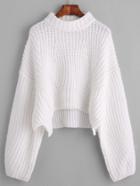 Romwe White Drop Shoulder Lantern Sleeve Crop Sweater