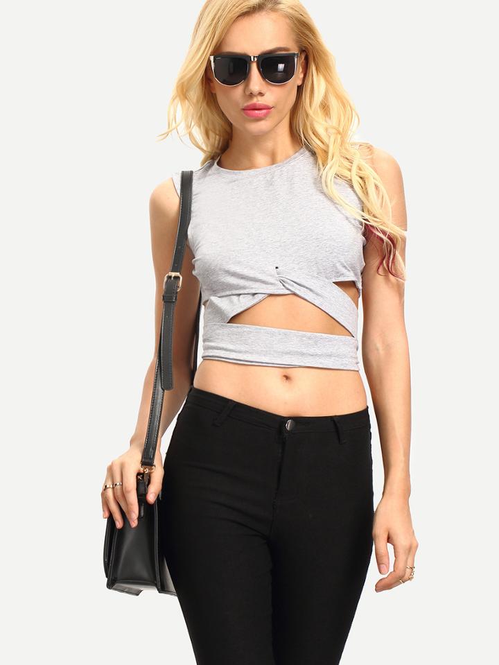 Romwe Grey Convertible Tie Sleeveless Crop Top