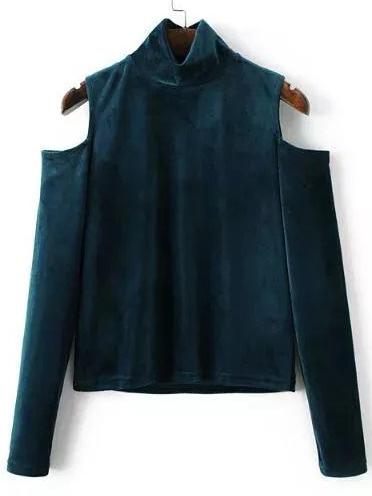 Romwe Blue Mock Neck Open Shoulder Velvet Blouse