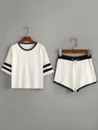 Romwe Contrast Striped Trim Top With Drawstring Shorts