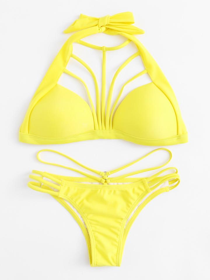 Romwe Ladder Cut Out Harness Bikini Set