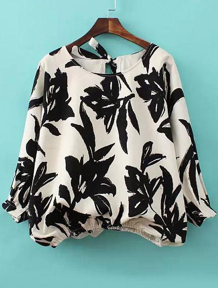 Romwe Round Neck Ink Print Lace Up Back Blouse