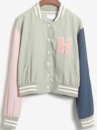Romwe Striped Trim Patch Buttons Green Jacket