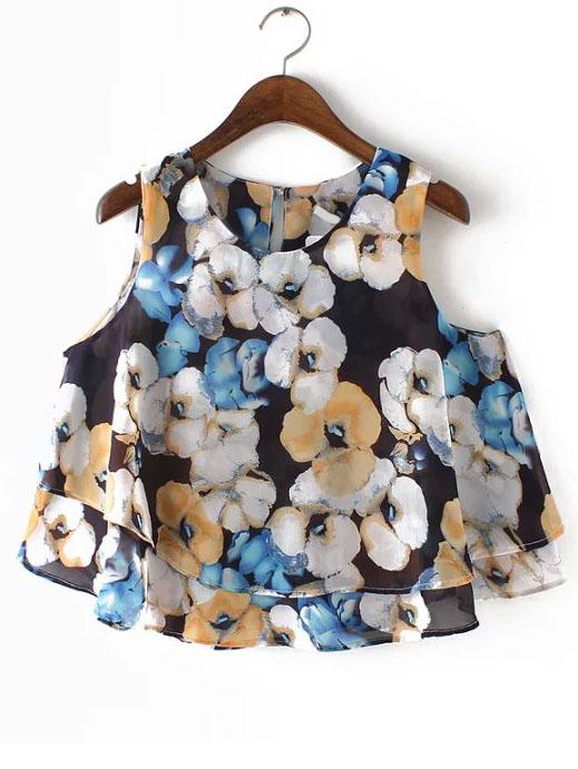 Romwe Blue Flower Print Ruffle Tank Top