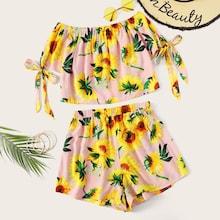 Romwe Sunflower Print Knot Cuff Bardot Top & Shorts Set