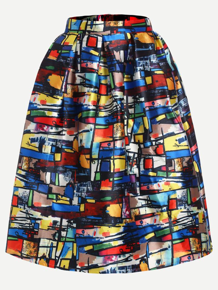 Romwe Multicolor Paint Print Box Pleated Volume Skirt