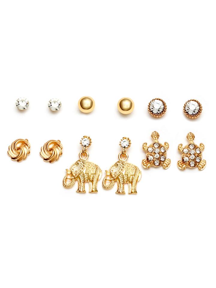 Romwe Gold Plated Rhinestone Multi Shaped Stud Earrings Set