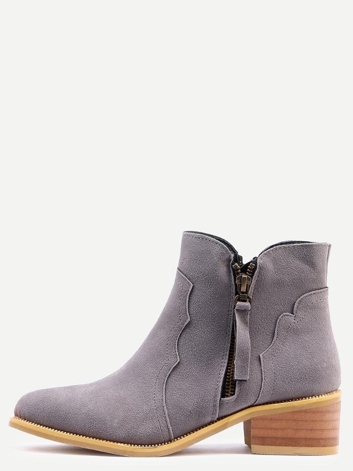 Romwe Grey Faux Suede Side Zipper Cork Low Heeled Ankle Boots