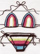 Romwe Color Block Triangle Crochet Bikini Set