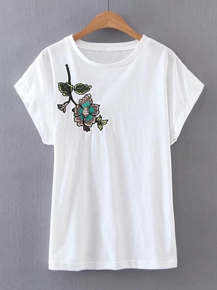 Romwe Flower Embroidery Short Sleeve Tee