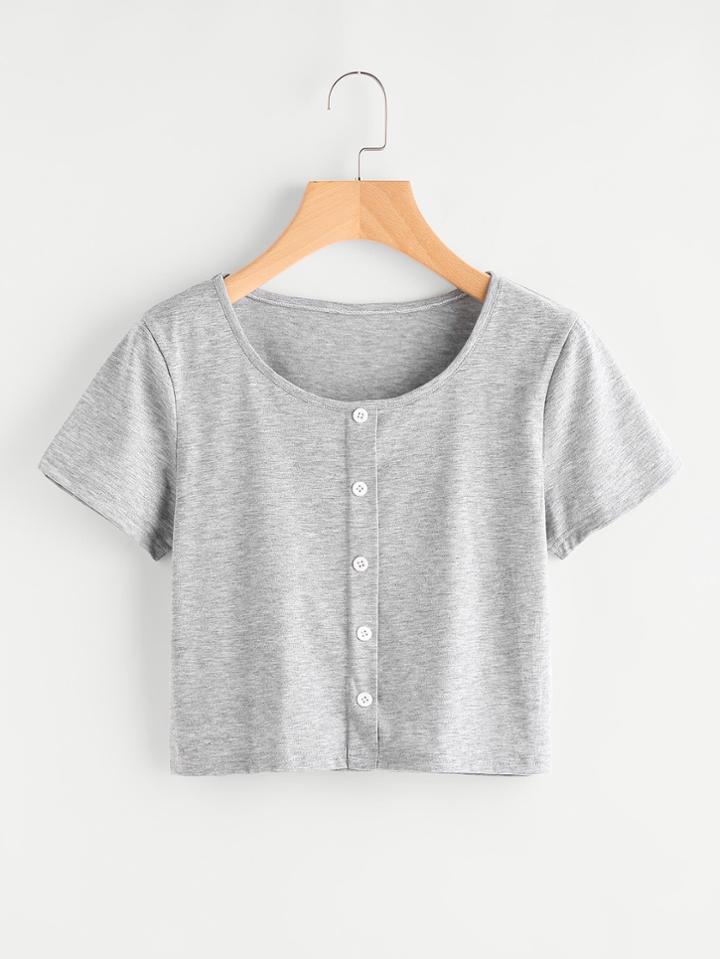 Romwe Button Detail Slub Tee
