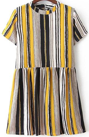 Romwe Short Sleeve Vertical Striped Yellow Dress