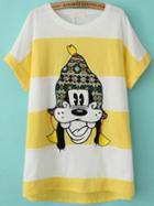 Romwe Cartoon Dog Print Yellow And White T-shirt