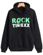 Romwe Hooded Rock Print Black Sweatshirt