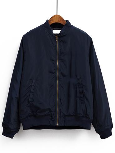 Romwe Navy Blue Stand Collar Pocket Padded Jacket