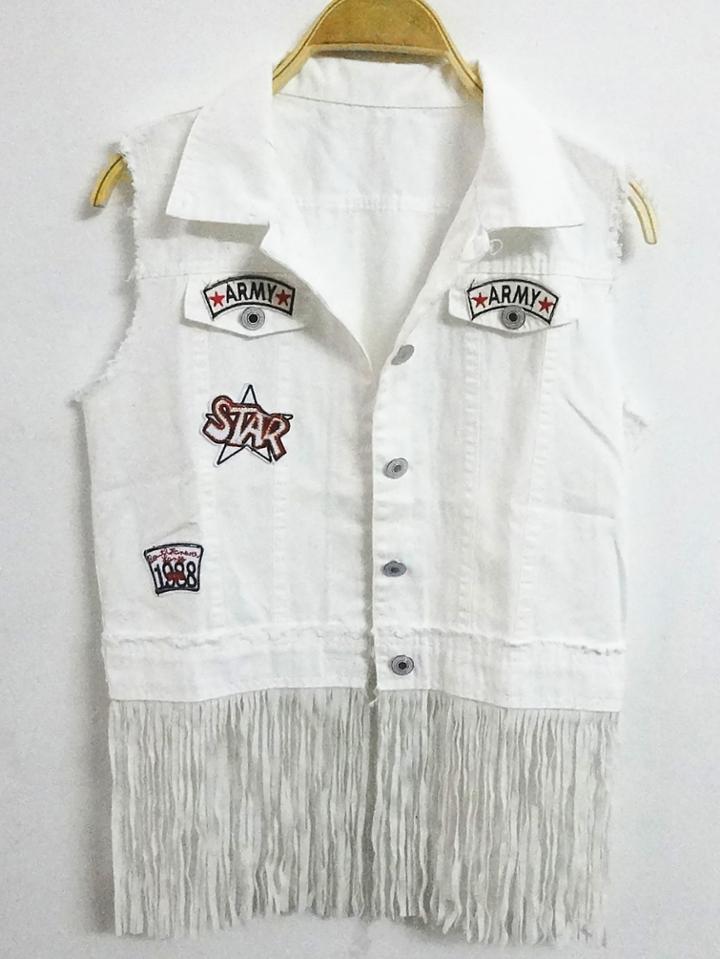 Romwe Lapel Patch Tassel Fringe White Vest