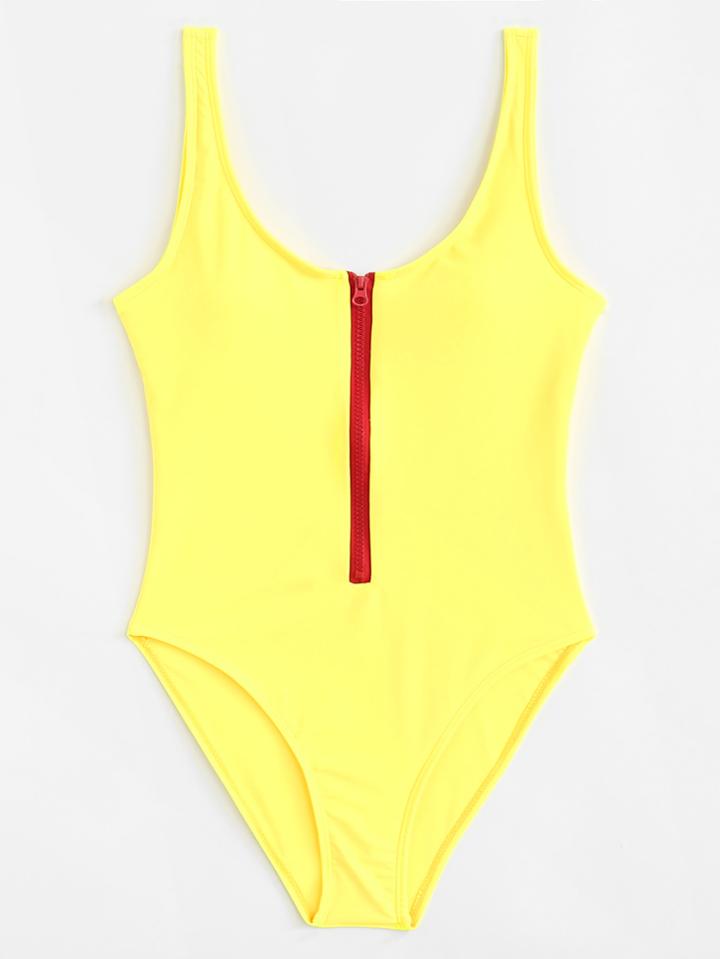 Romwe Zipper Up Low Back Swimsuit