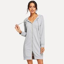 Romwe Split Zip Up Solid Drawstring Hooded Dress