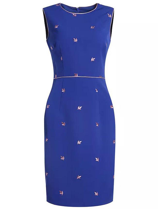 Romwe Blue Round Neck Sleeveless Embroidered Bodycon Dress
