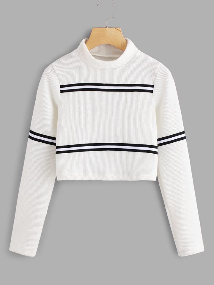Romwe Contrast Striped Tape Crop Tee