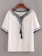 Romwe White Lace Up Embroidered Shirt