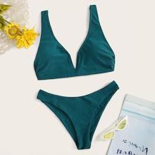 Romwe Plunging Top With High Cut Bikini Set