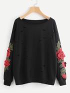 Romwe 3d Flower Applique Ripped Sweatshirt