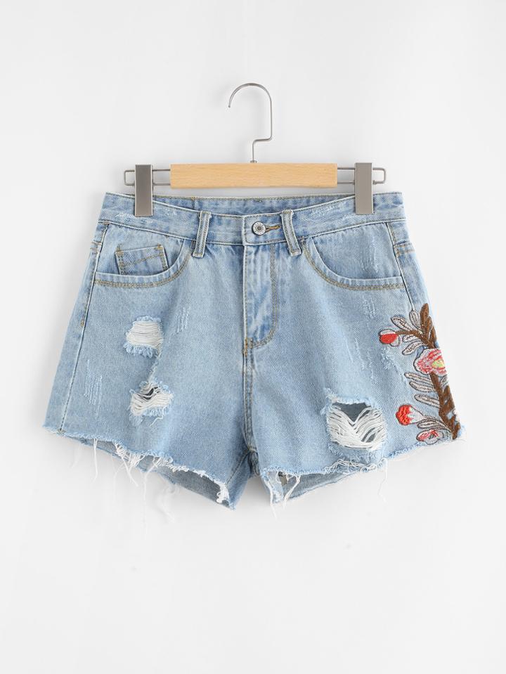 Romwe Flower Embroidered Raw Hem Ripped Denim Shorts