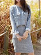 Romwe Long Sleeve Pockets Casual Top With Elastic Waist Skirt
