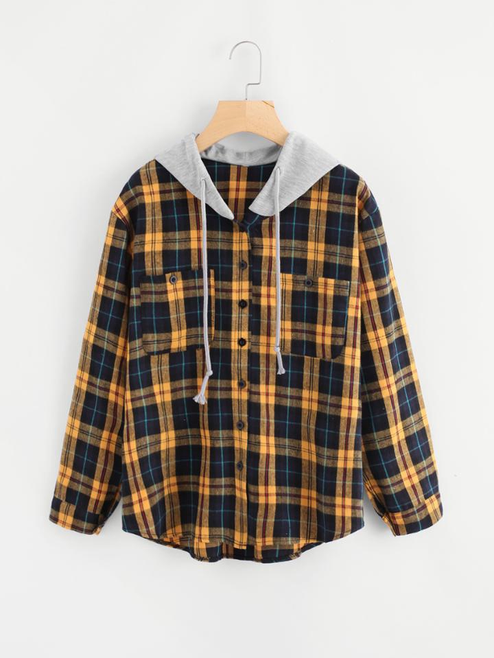 Romwe Contrast Hooded Tartan Plaid Blouse