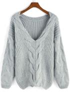 Romwe V Neck Cable Knit Grey Sweater