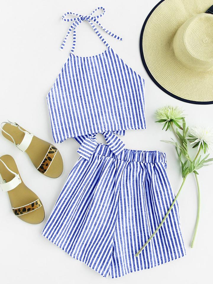 Romwe Striped Bow Open Back And Shorts Set