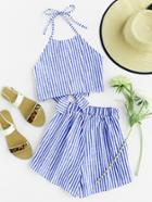 Romwe Striped Bow Open Back And Shorts Set