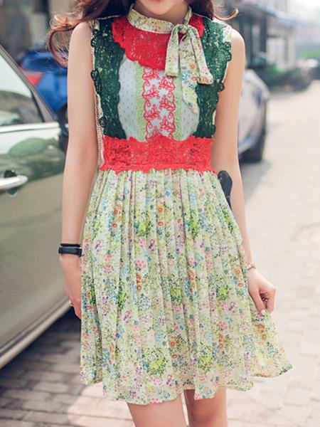 Romwe Multicolor Tie Neck Embroidered Floral Dress