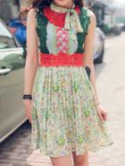 Romwe Multicolor Tie Neck Embroidered Floral Dress