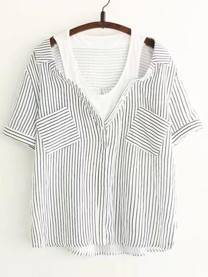 Romwe Contrast Striped 2 In 1 Blouse