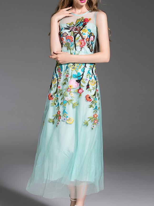 Romwe Green Gauze Embroidered A-line Dress