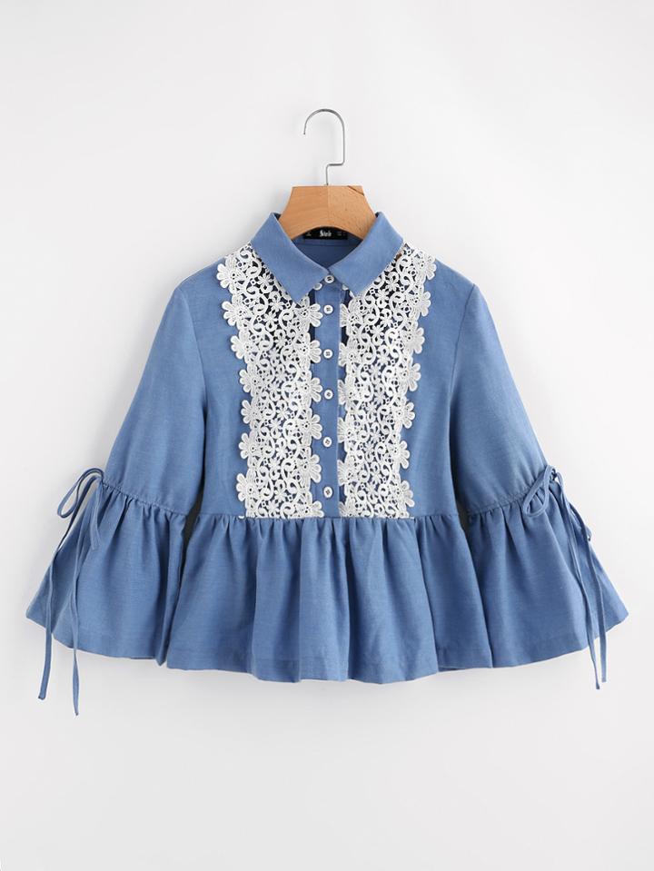 Romwe Drawstring Fluted Sleeve Lace Applique Peplum Blouse