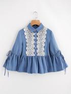 Romwe Drawstring Fluted Sleeve Lace Applique Peplum Blouse